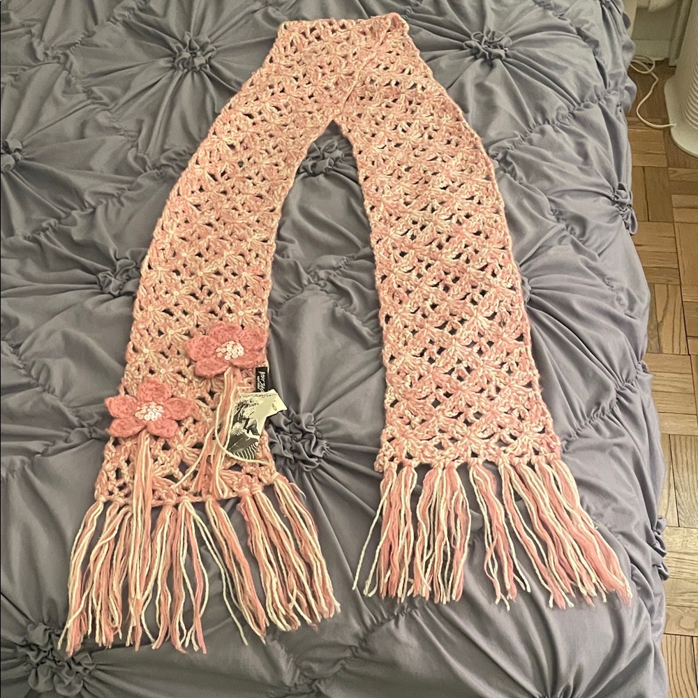 Betsey Johnson Pink Crochet Scarf with Floral Details